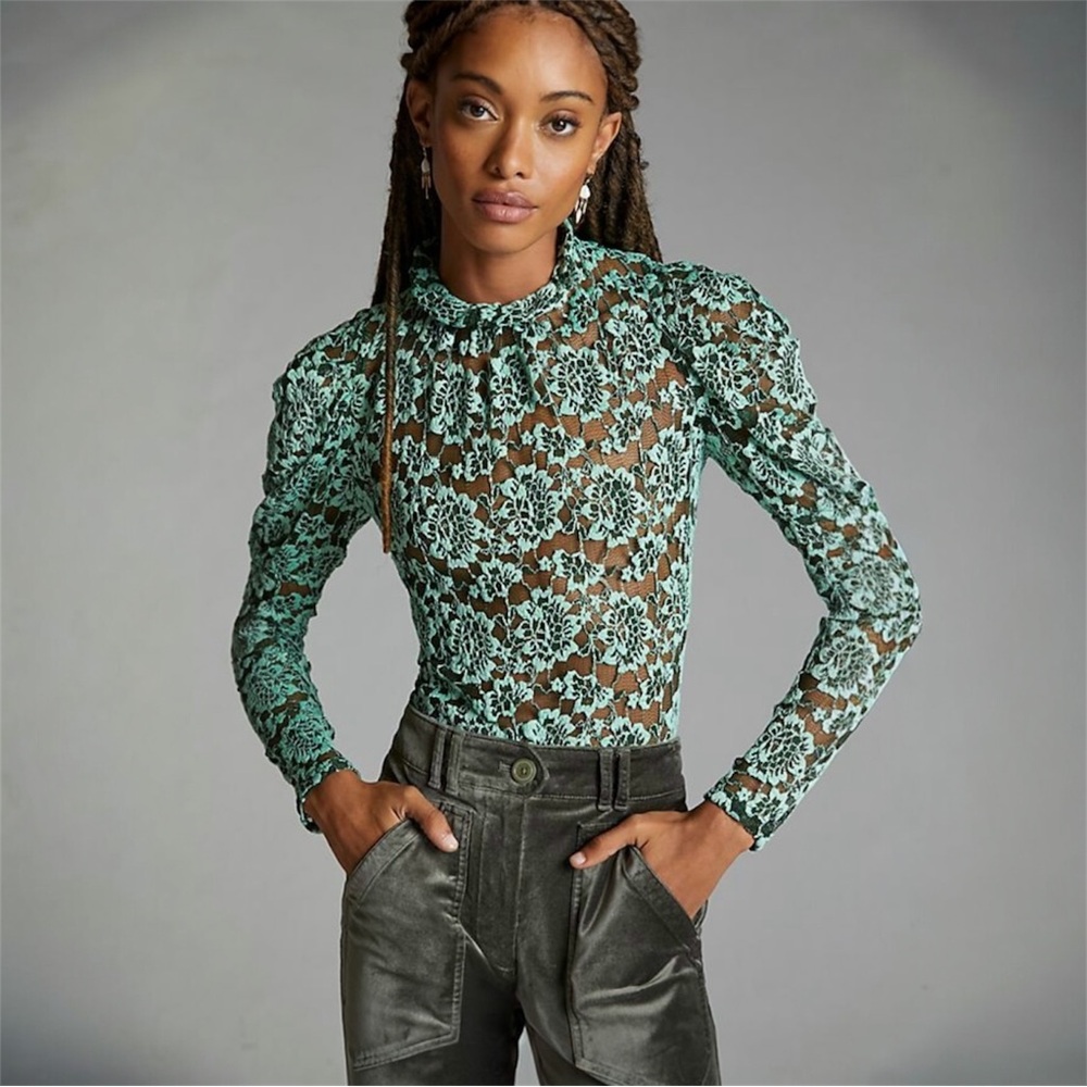 Anthropologie Dolan Left Coast Sheer Lace Mock Neck Long Sleeve Top Green XS